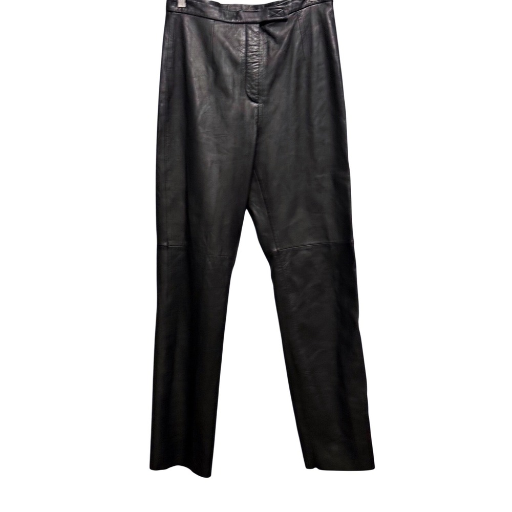 Vintage Jacqueline Ferrar Black Leather Pants SZ 12 High Rise Unhemmed Straight